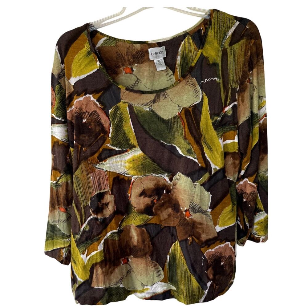 Chico's Green and Brown Floral Blouse